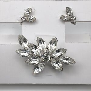 Vintage Mid-Century Clear Rhinestone Floral Spray Brooch & Earring Set